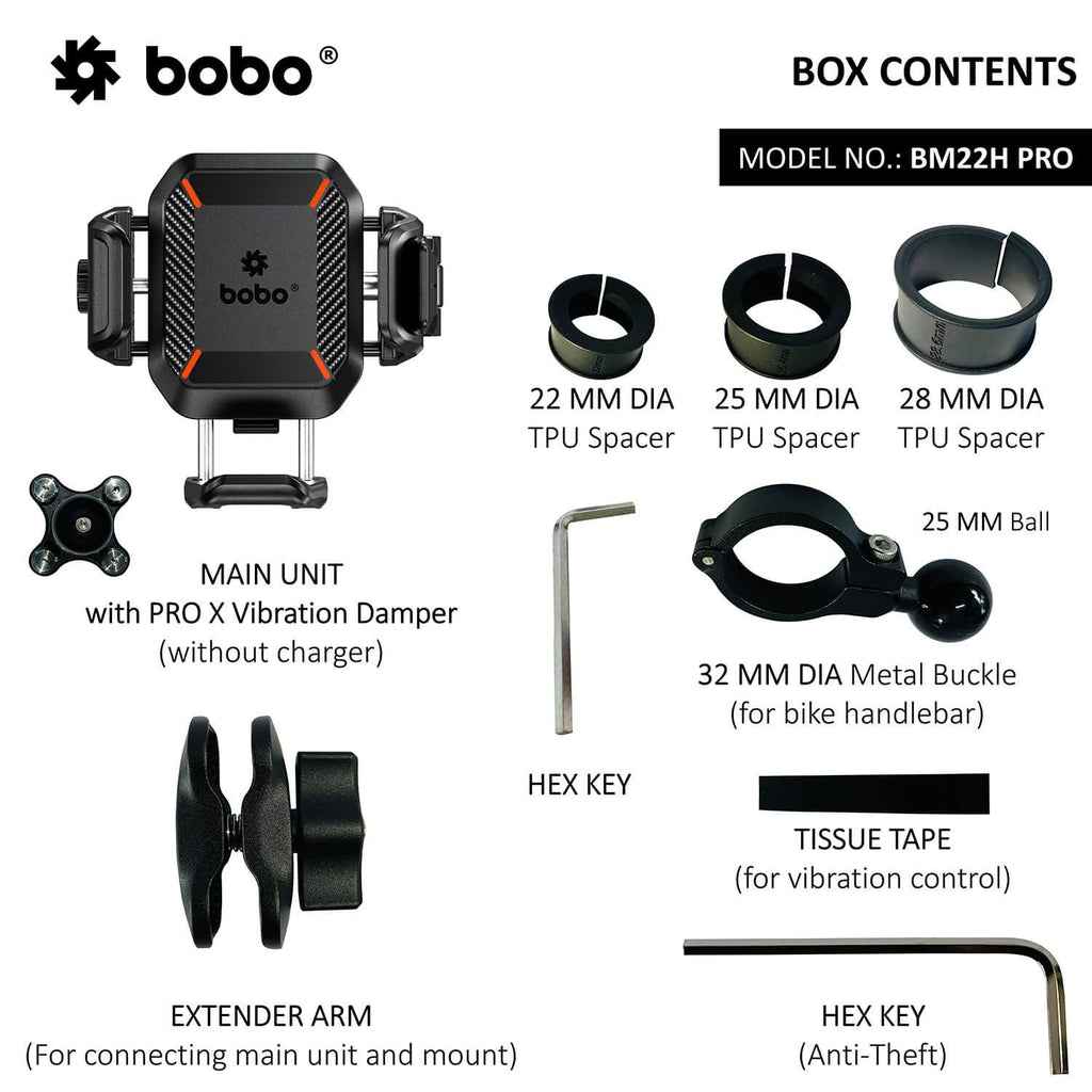 BM22H Pro box contents: TPU spacers, 25mm ball mount, 32mm metal buckle, hex keys