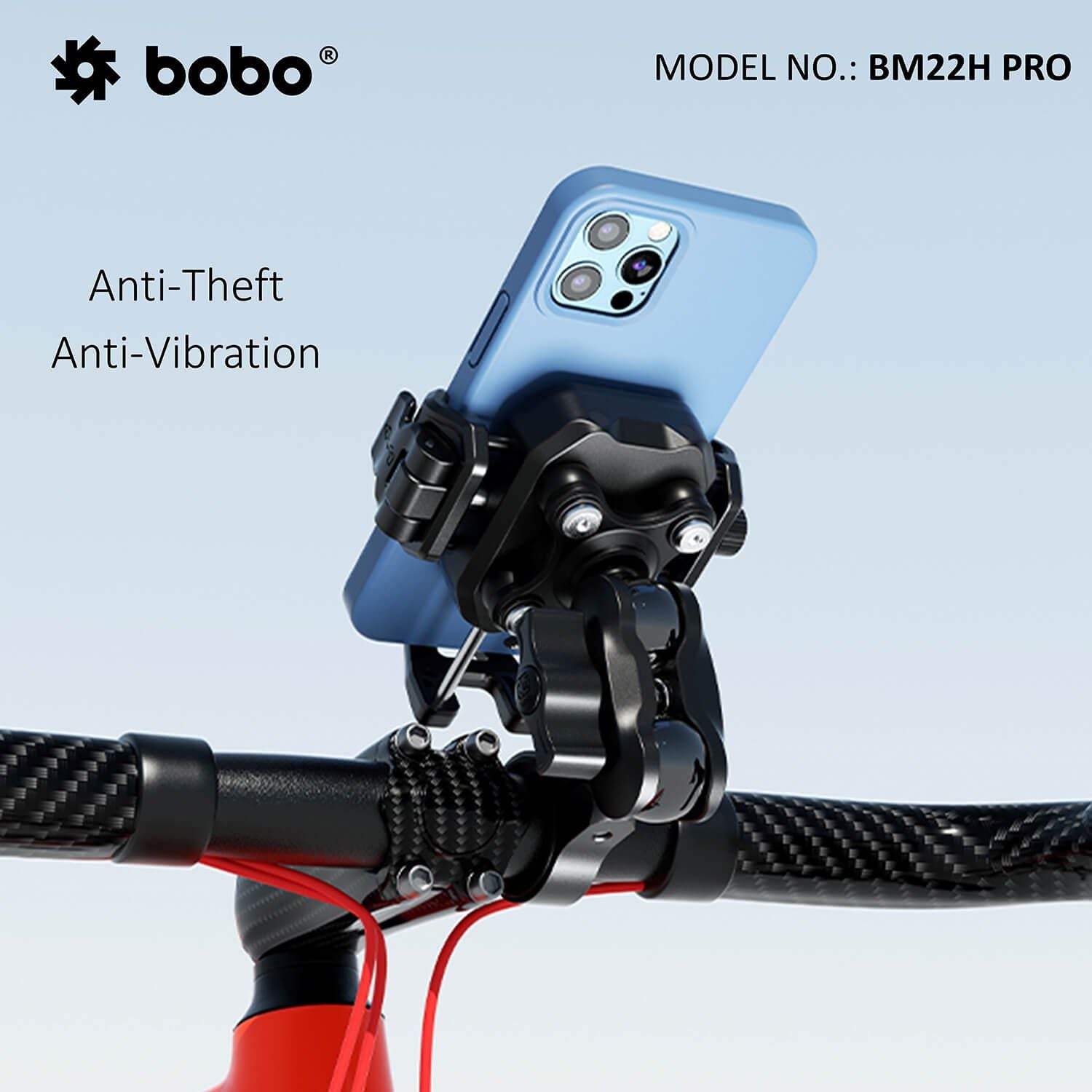 Bike phone holder gripping a phone on the handlebar, anti-theft and vibration mount, black