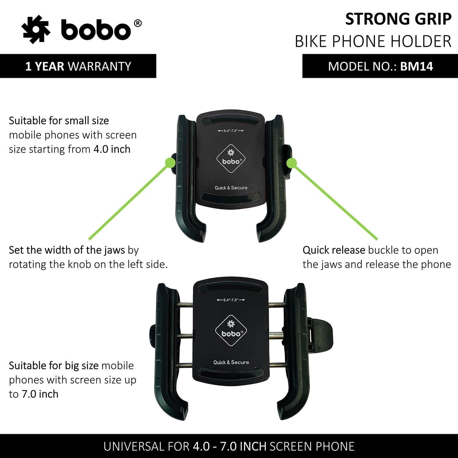 Soporte móvil universal negro BM14 con abrazaderas ajustables para pantallas 4.0–7.0