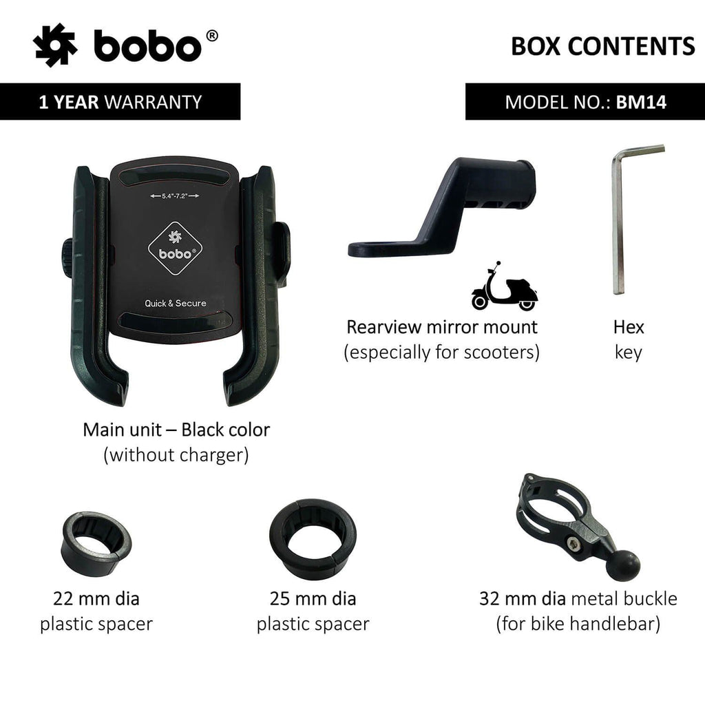 Contenido de caja del BM14: unidad negra, espaciadores y llave hex para manillar