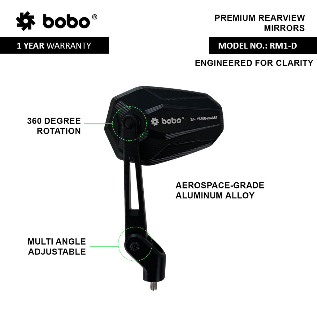 Bobo RM1-D rearview mirror, black housing with blue octagonal lens and stem
