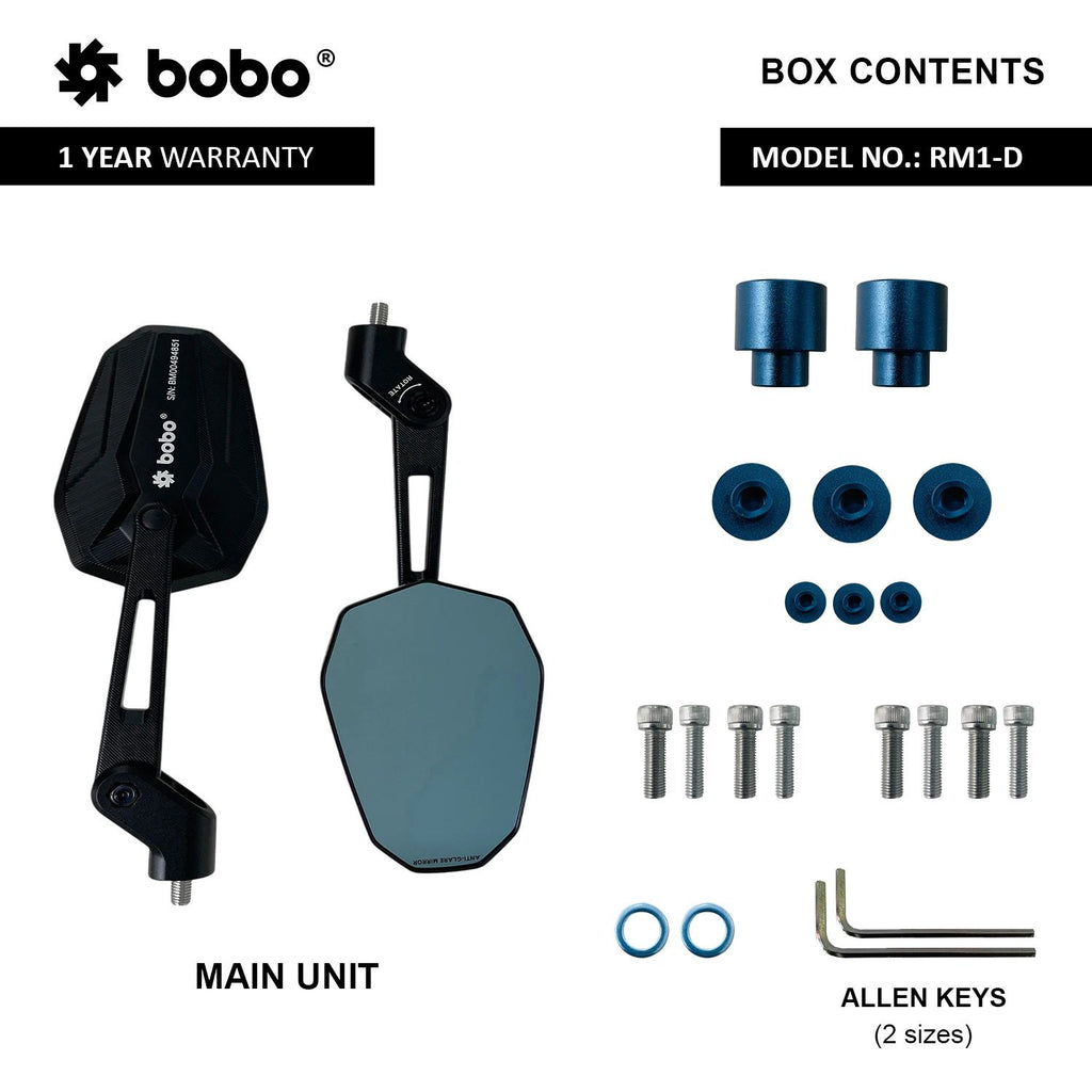 RM1-D rearview mirror kit: two mirrors, mounting hardware and allen keys