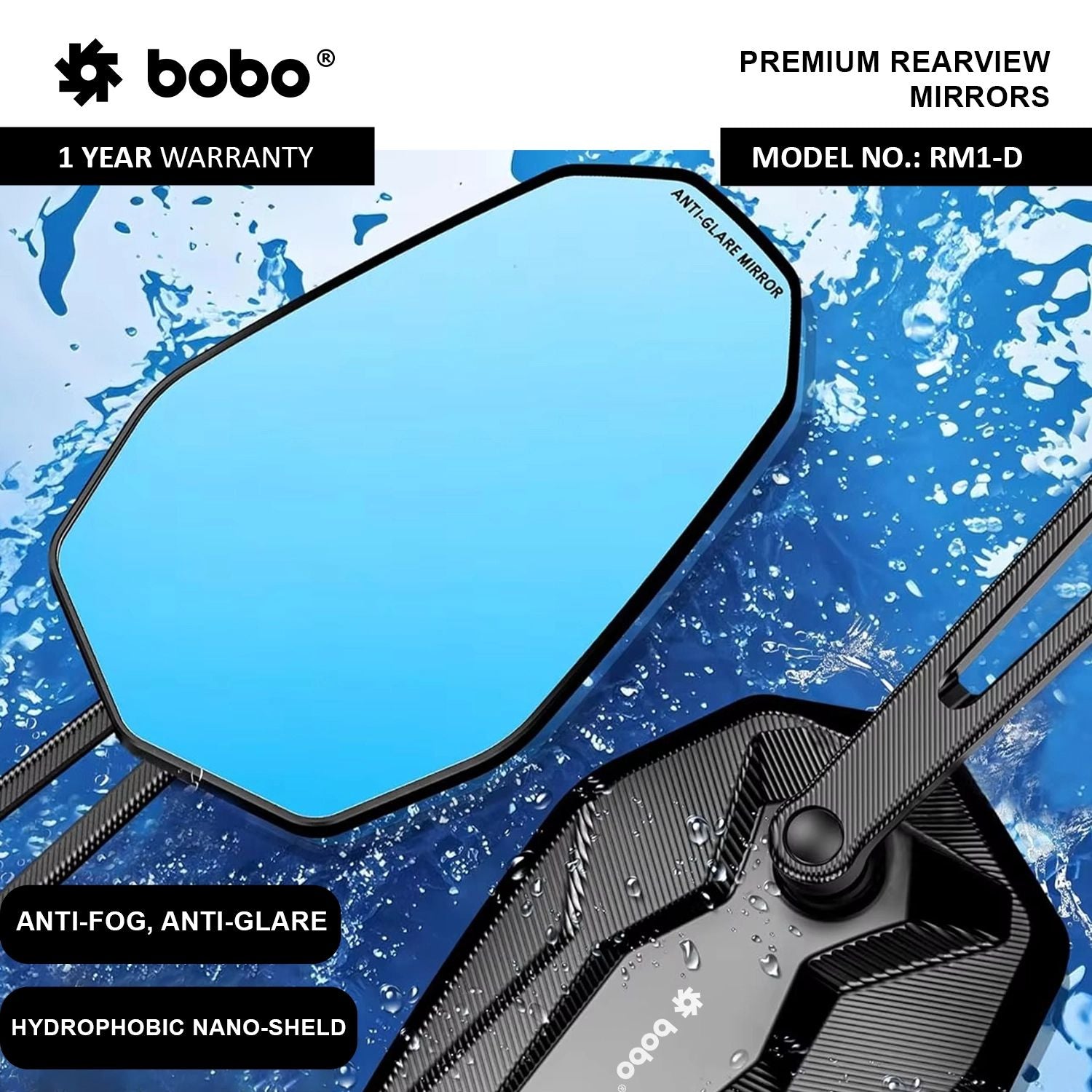 RM1-D rearview mirror with blue-tinted lens, water droplets on glass