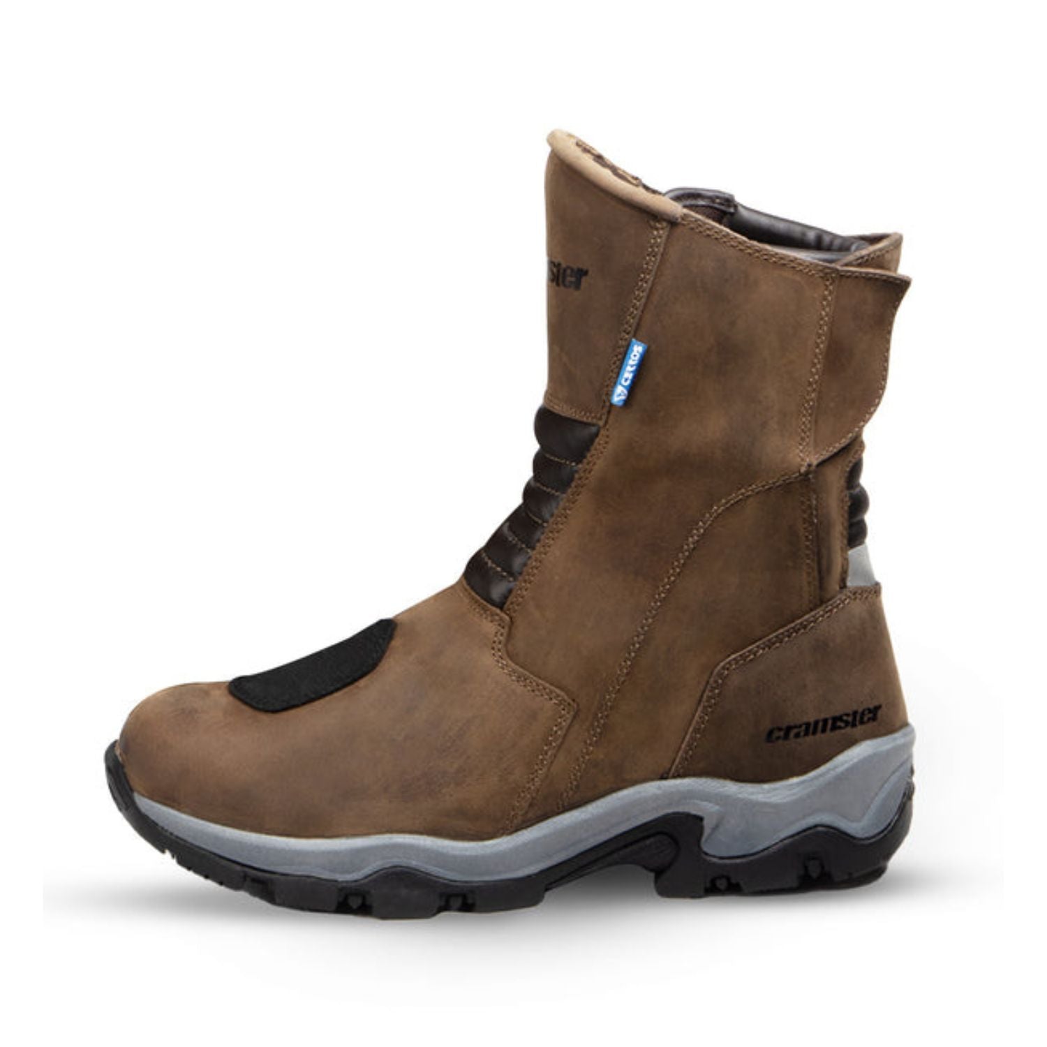 Brown Cramster Flux mid boots with side suede panels, black ankle guards, grippy outsole