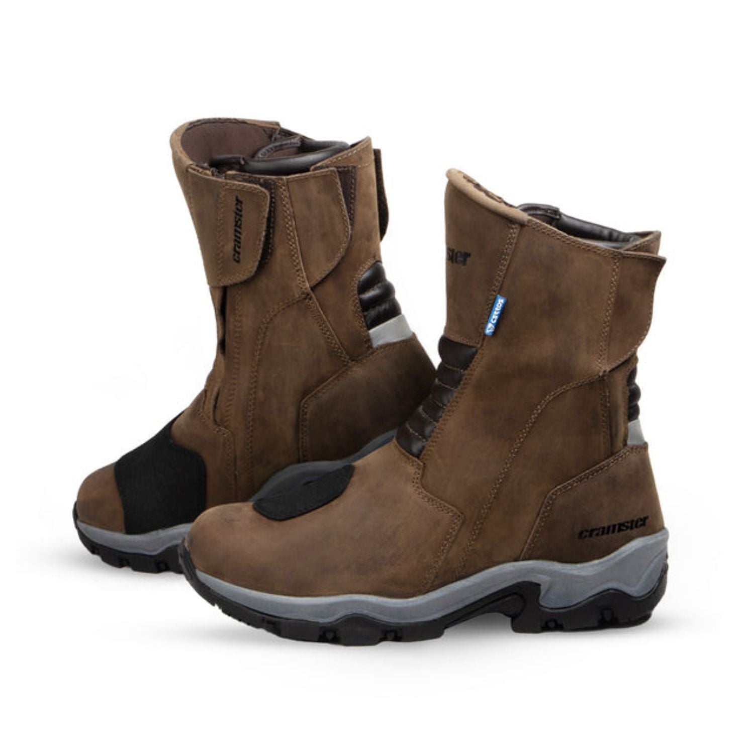 Cramster Flux mid-length riding boots, brown suede with black pull tabs and rugged sole