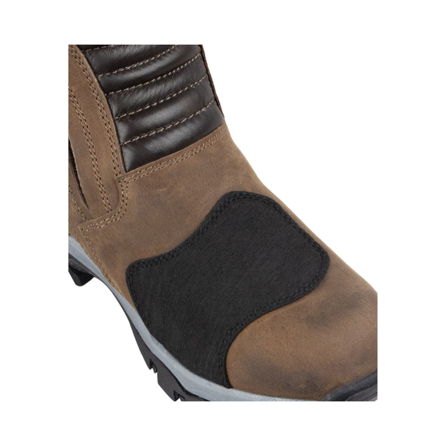 Brown mid riding boot toe and ankle area with black rubber guard and cushioned lining