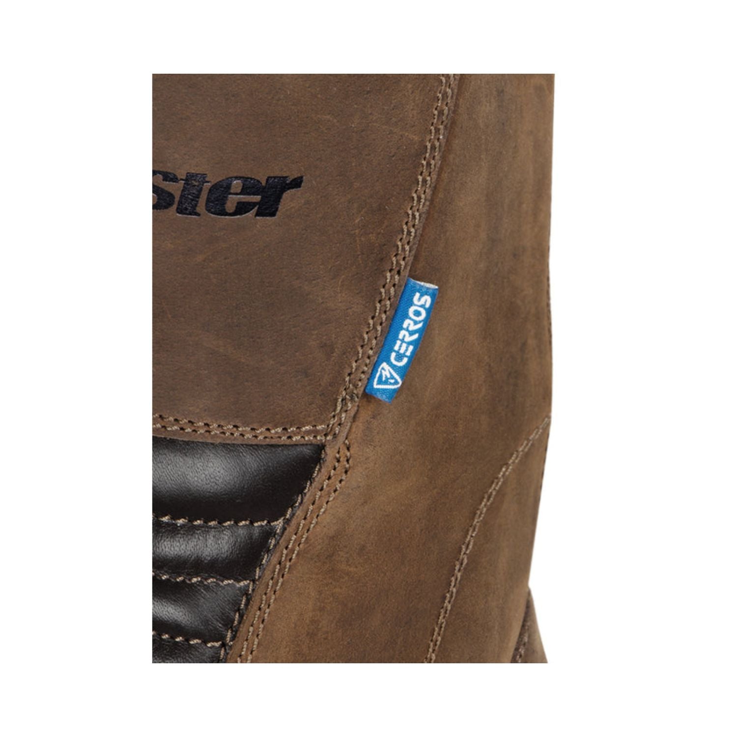 Brown boot upper with side logo label, stitched seams, and black padded ankle panels