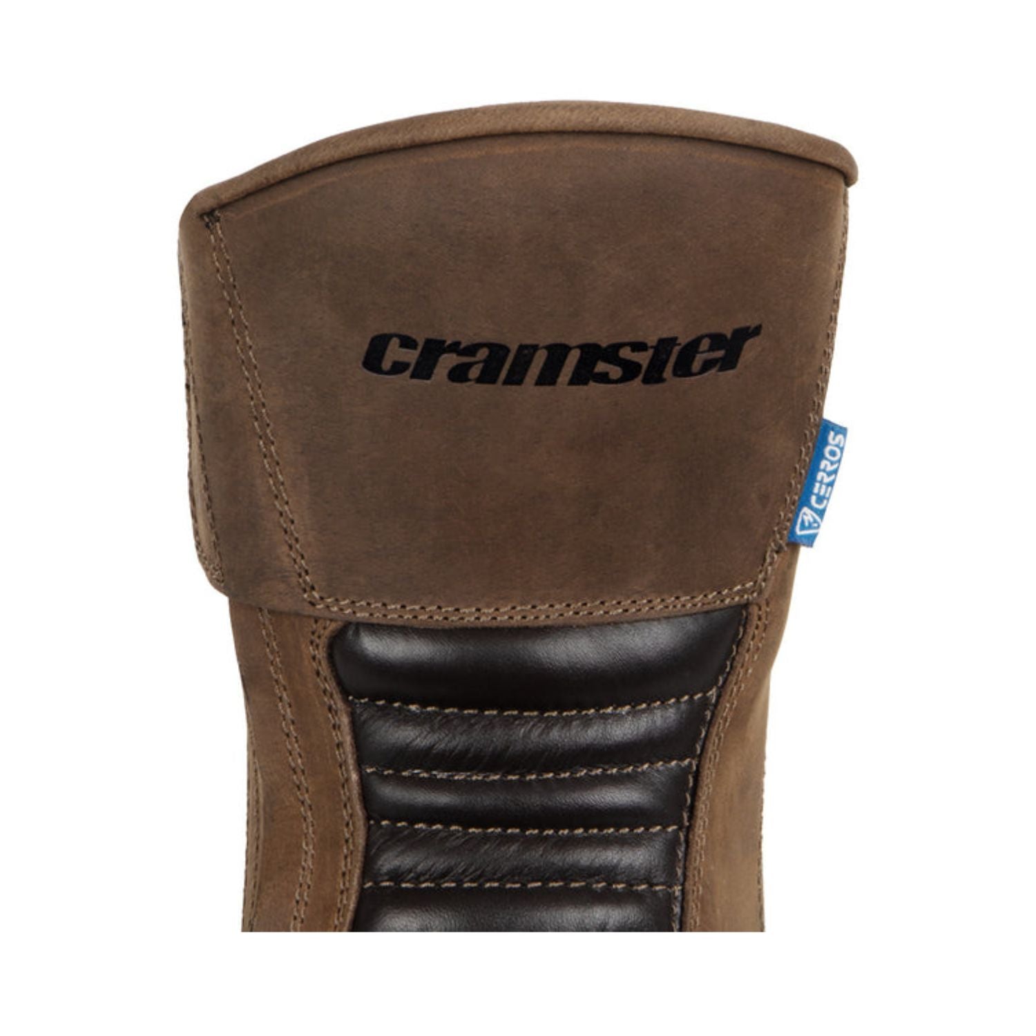 Brown mid boots with Cramster logo patch on back collar and black padded protective panel
