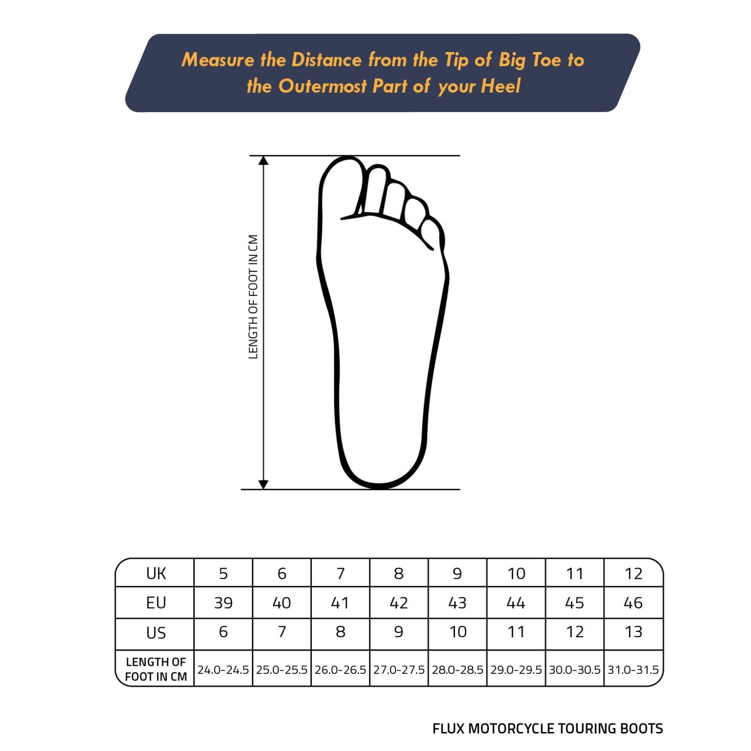 Size chart for Flux motorcycle touring boots: UK, EU, US and foot length in cm
