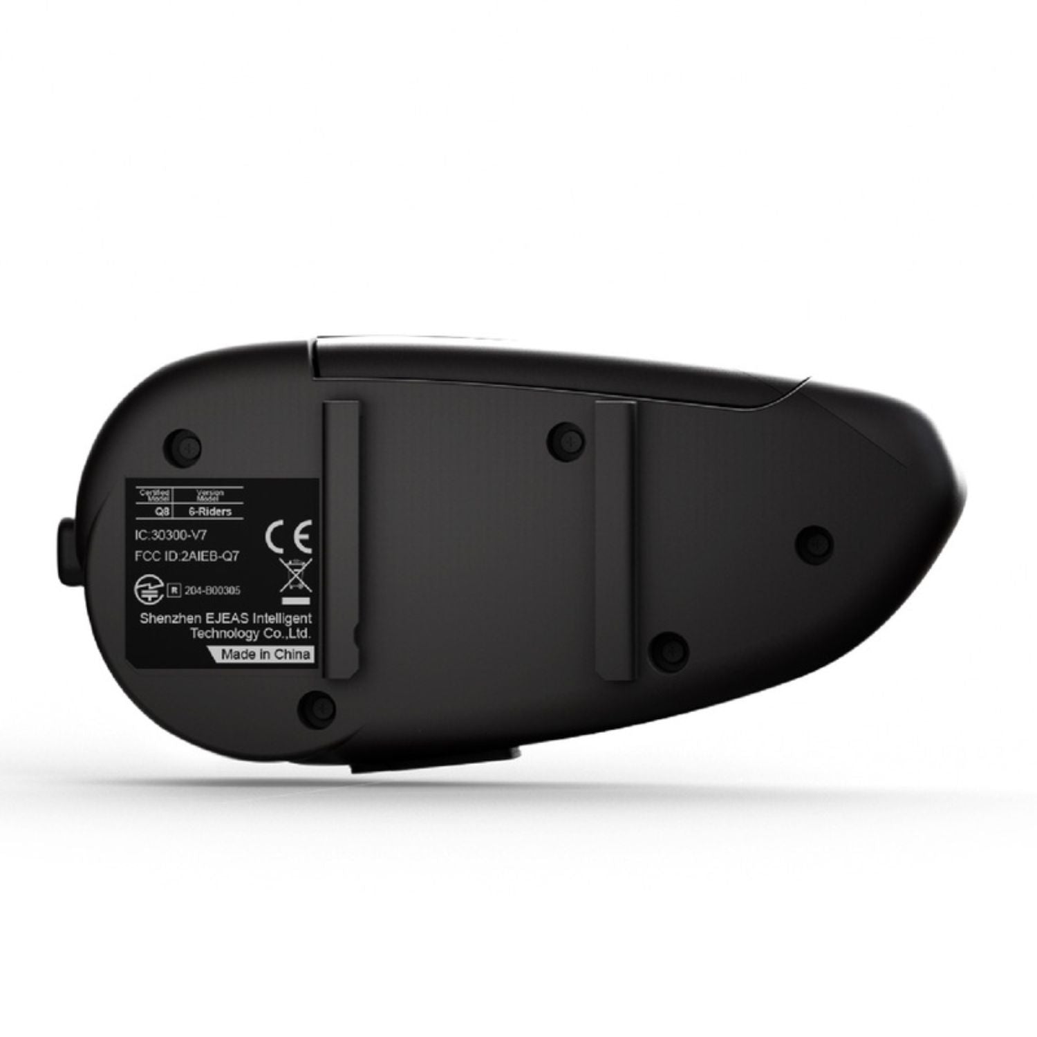Motorcycle intercom rear panel with mounting slots and regulatory label