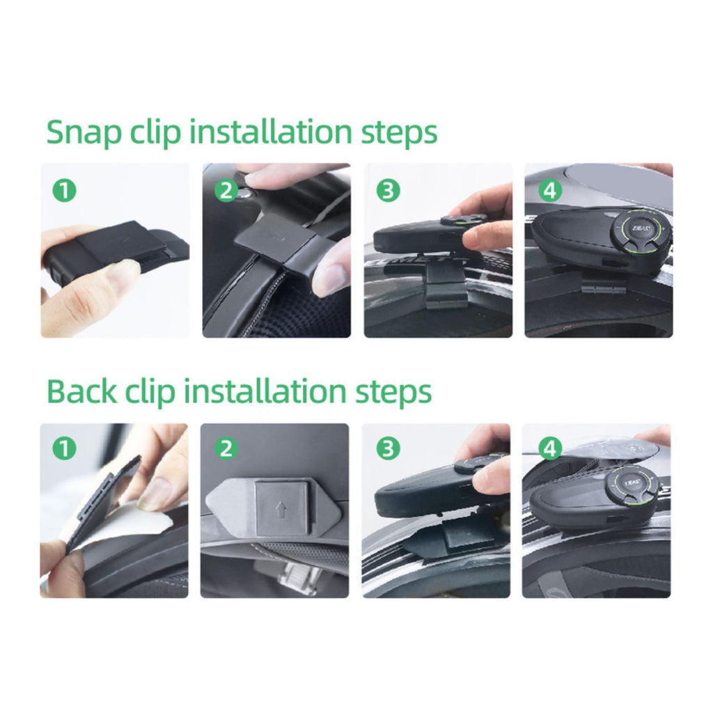 Snap clip installation steps for motorcycle intercom on helmet strap