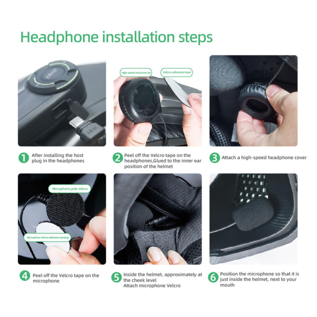 Headphone installation steps with microphone placement and Velcro earpiece covers