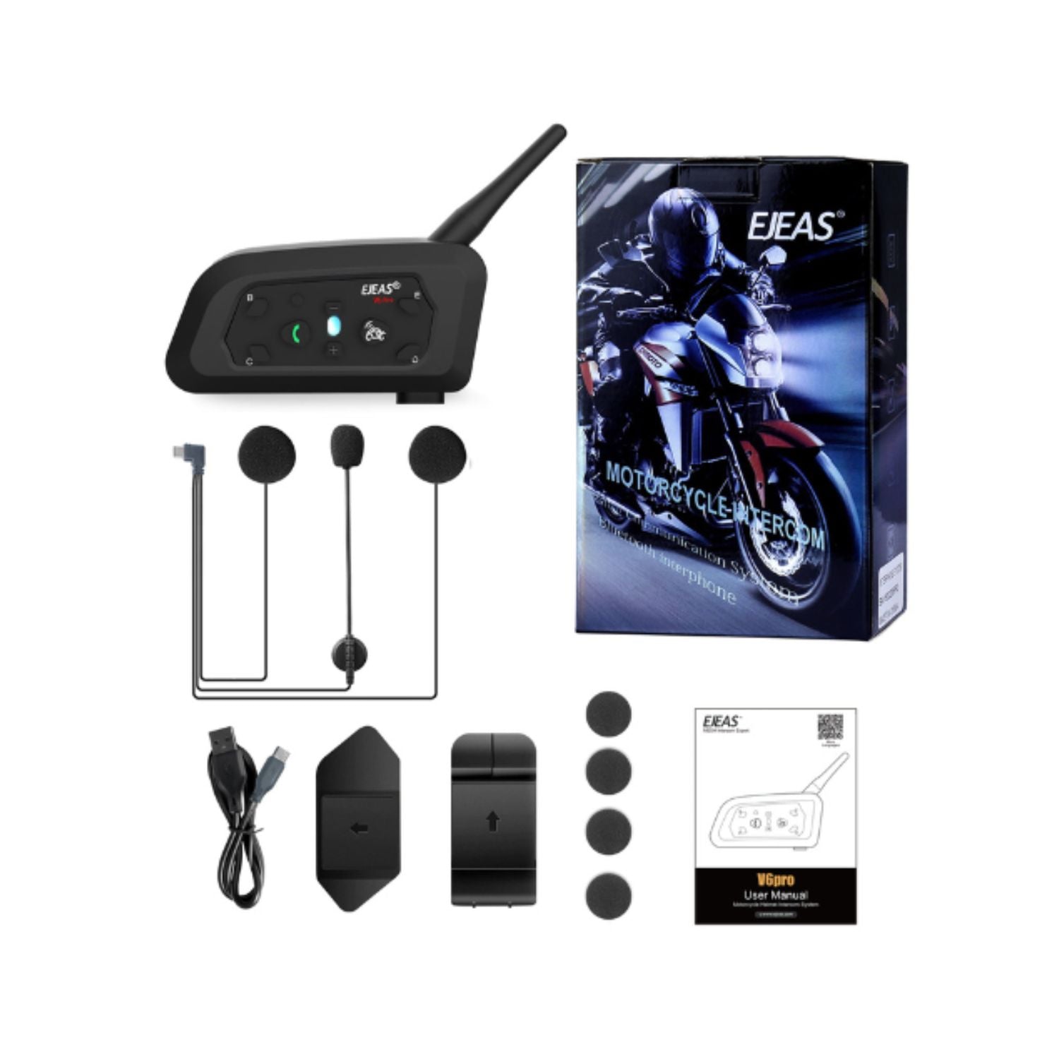Ejeas V6 Pro+ Bluetooth-Intercom-Set mit Bediengerät, Headset-Teilen und Zubehörbox