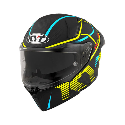 Full-face helmet, matte black with yellow and blue neon graphics, clear visor