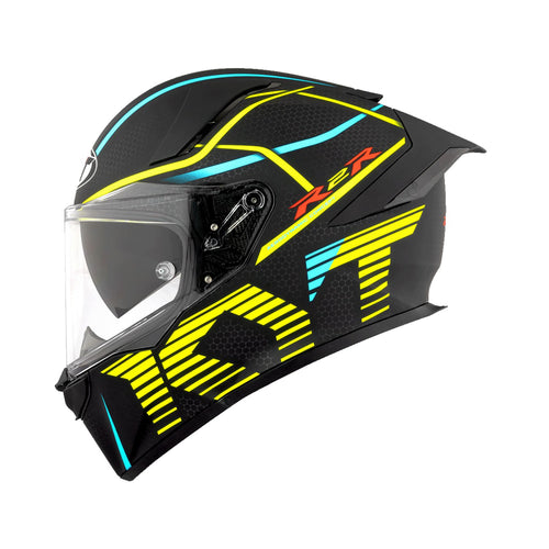 Full-face helmet side view with clear visor; black shell, yellow stripes and blue accents