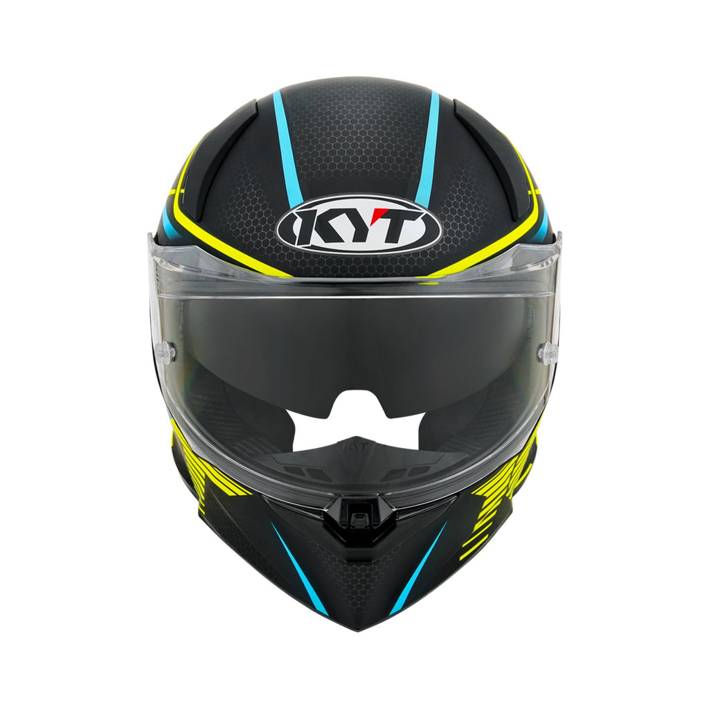 Full-face helmet front view; black visor, yellow and blue striping on matte shell