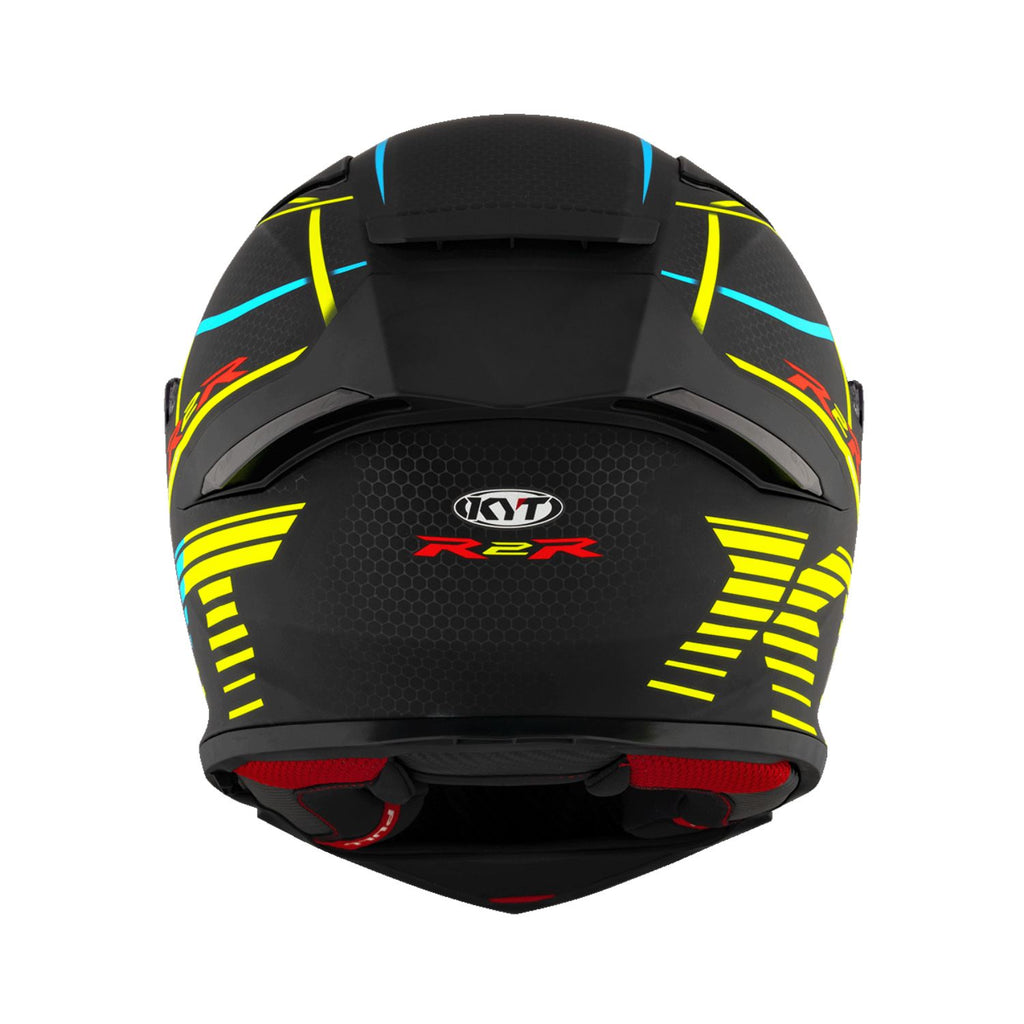 Full-face helmet rear view; matte black shell with neon yellow and blue accents