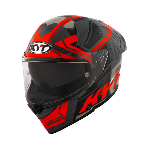 Gloss black and red helmet with dark face shield and chin vents, front 3/4 view