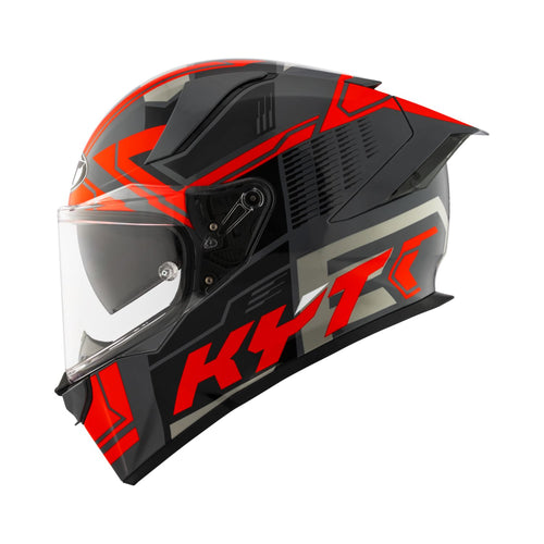 Gloss black and red helmet with chin face shield, angular graphics, side view