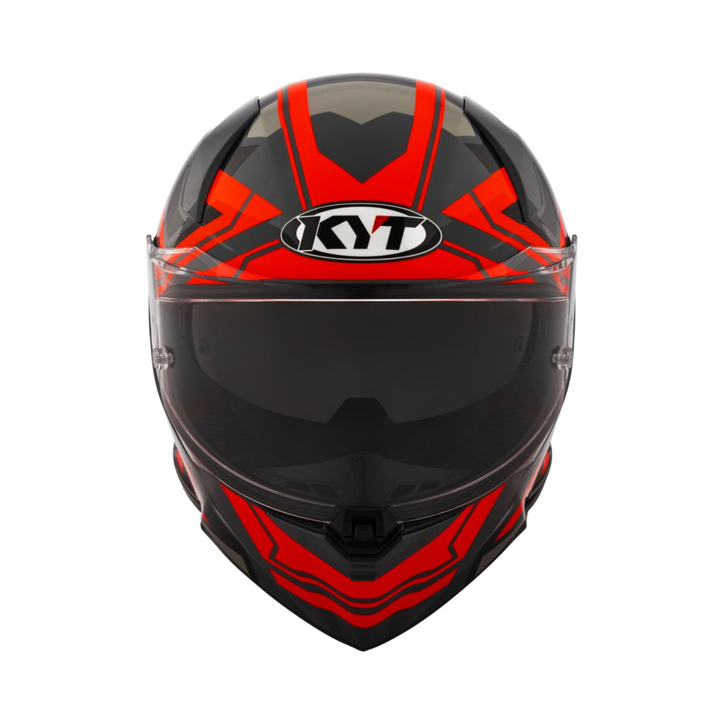 Gloss black and red helmet with KYT logo and dark face shield, front view