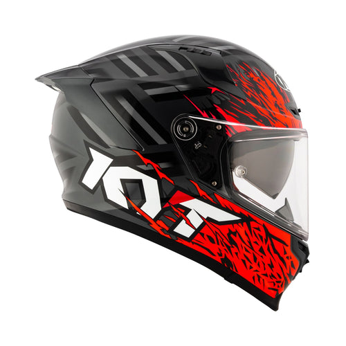 Antracite KYT helmet side view with red flame stripes and clear face shield