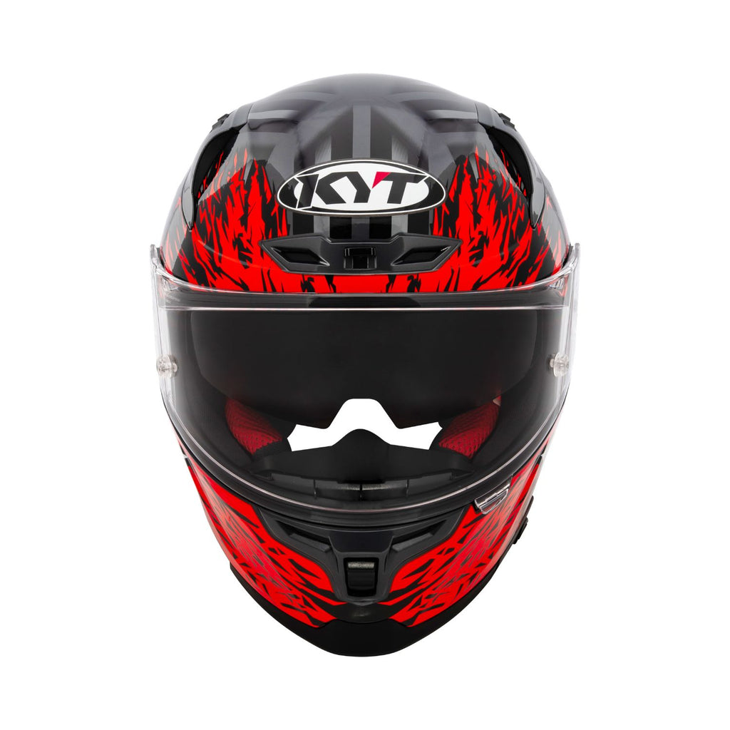 KYT Striker 2V helmet front view with red flame graphics and dark visor