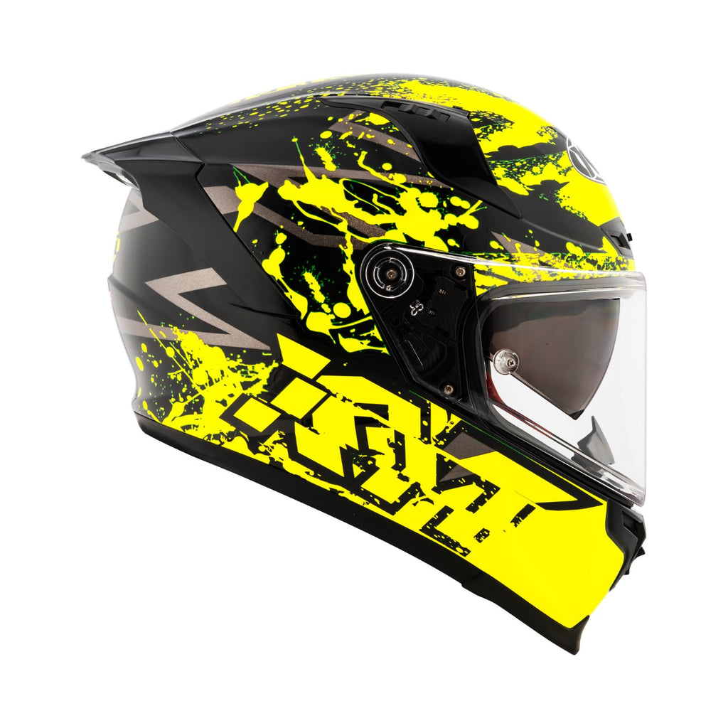 KYT Striker 2V helmet, gloss black shell with yellow splatter, side view (XL)