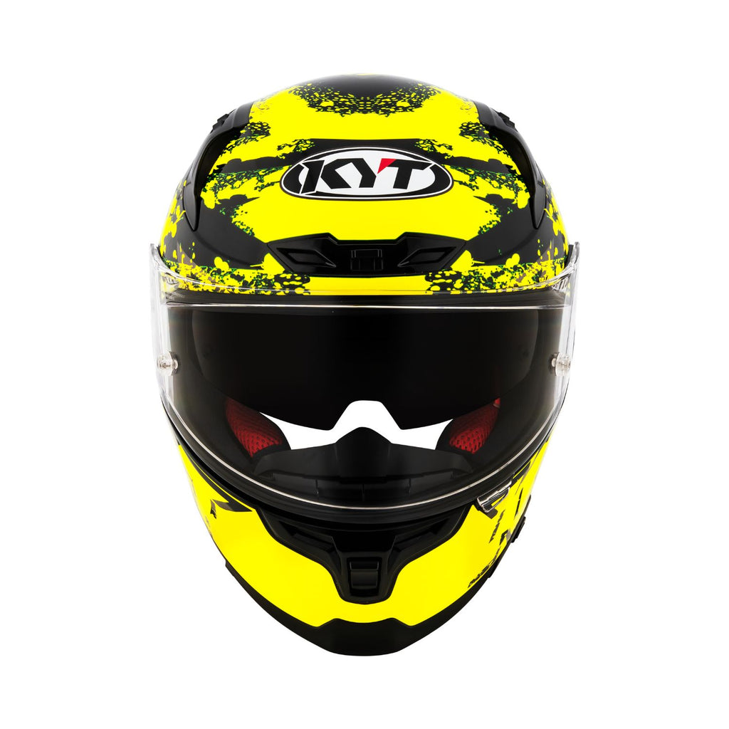 KYT Striker 2V helmet front view, glossy black & neon yellow graphics, full-face (XL)