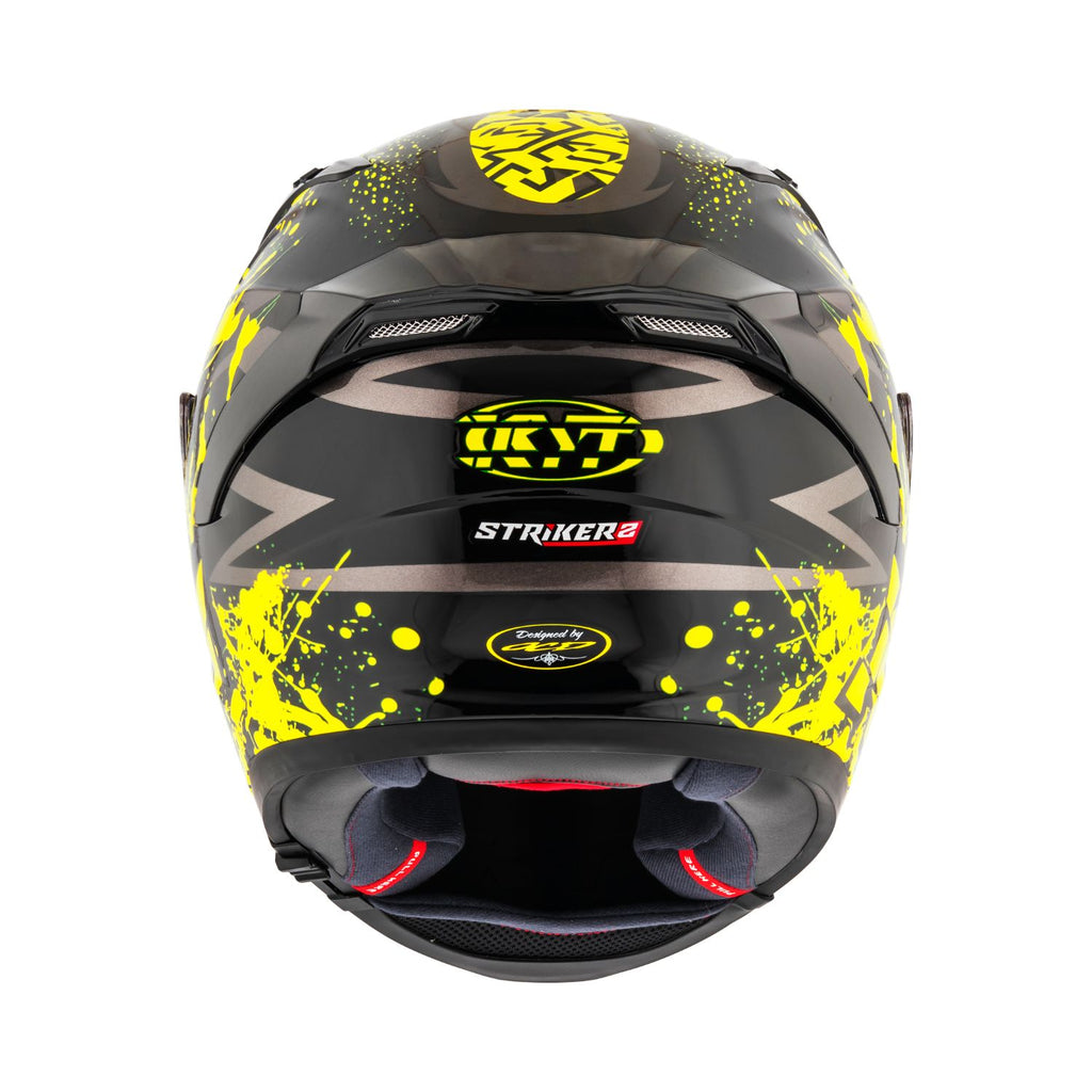 KYT Striker 2V helmet rear view, gloss black & yellow splatter, chin area (XL)