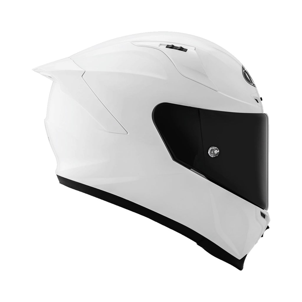 Gloss white full-face helmet with black visor, side profile