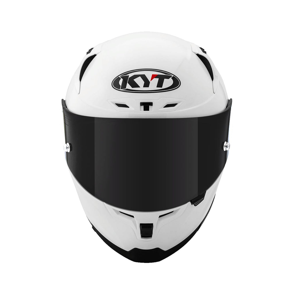 Gloss white full-face helmet with KYT oval logo and black visor panel