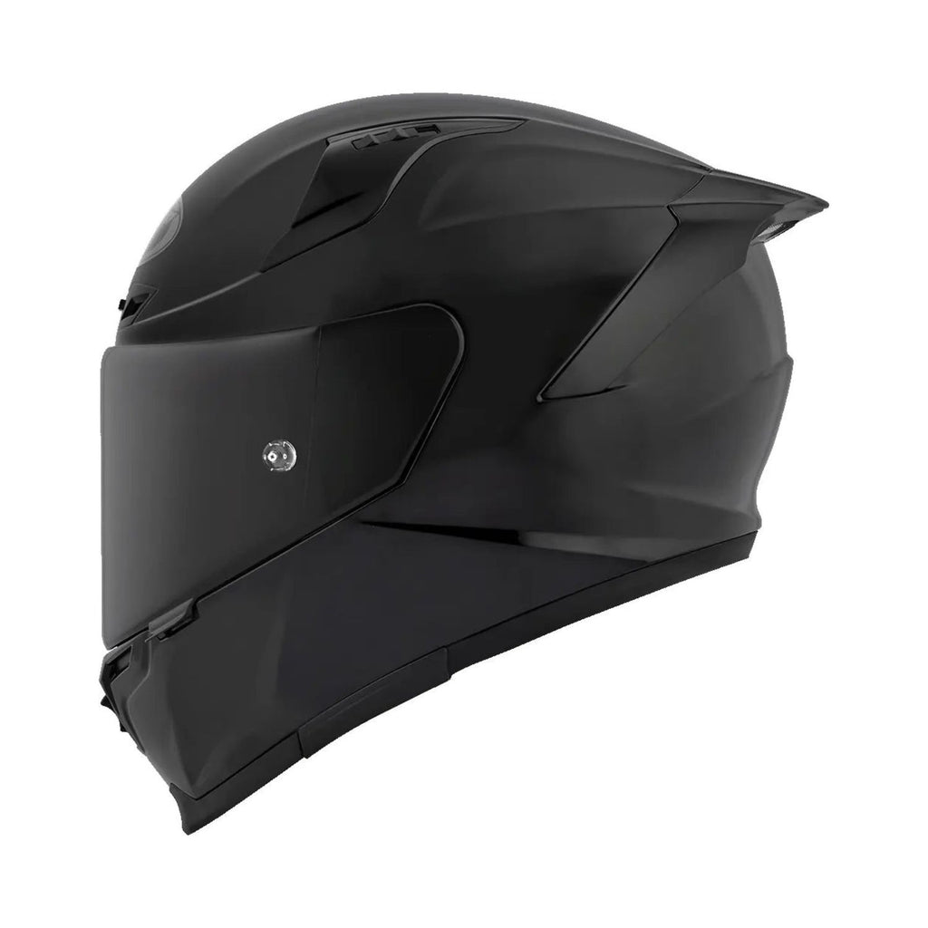 KYT Striker 2V matt black helmet, side view with vents and chin strap