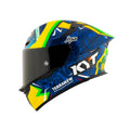 Capacete integral KYT tamanho L, azul brilhante com viseira preta e grafismos amarelos/verde