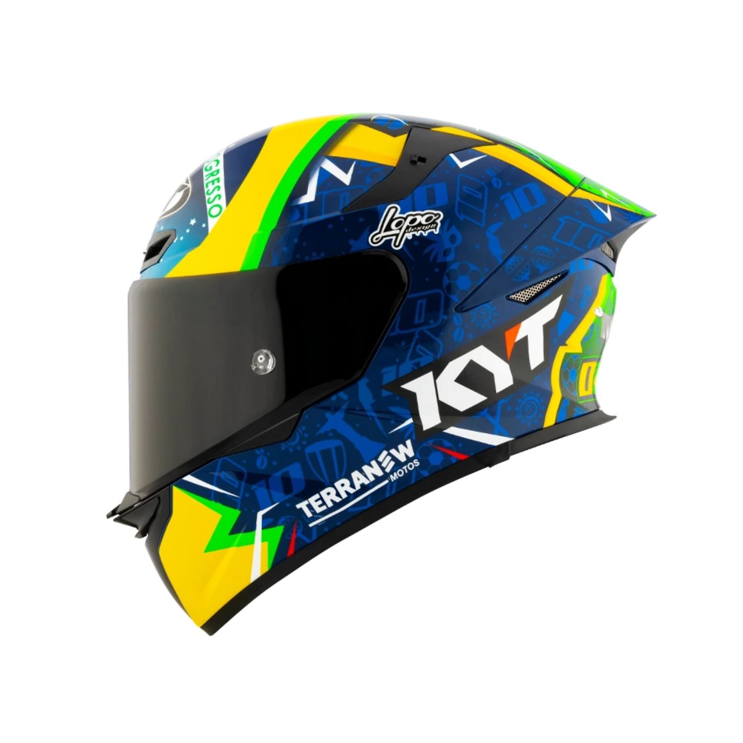 Capacete integral KYT tamanho L, azul brilhante com viseira preta e grafismos amarelos/verde