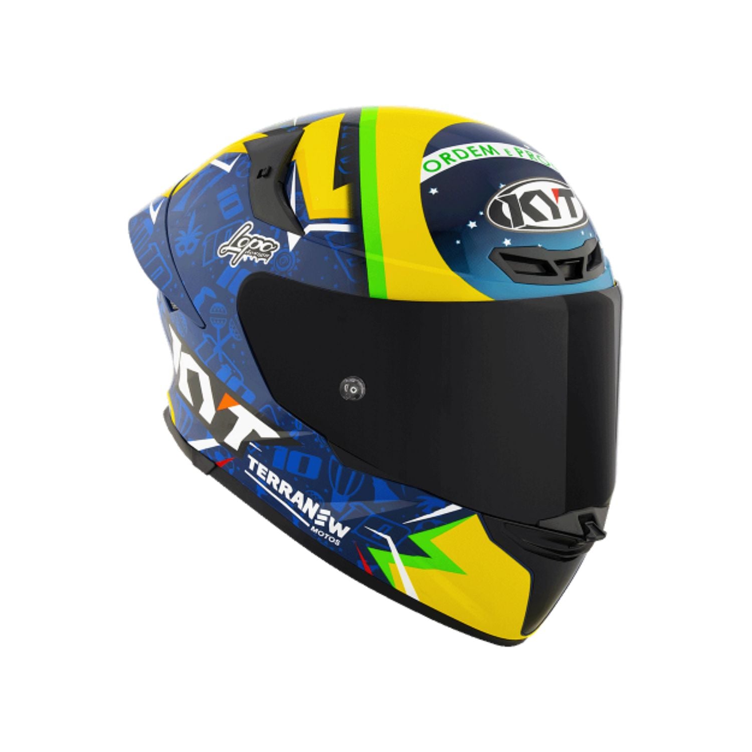 Capacete integral azul brilhante com viseira preta, grafismos amarelos e detalhes verdes