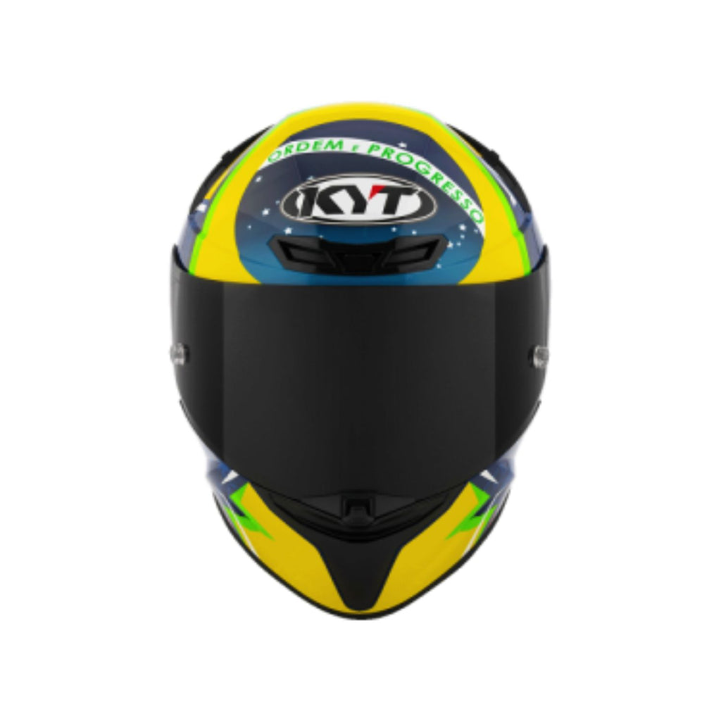 Capacete integral com viseira preta e pintura azul, amarela e verde; design frontal