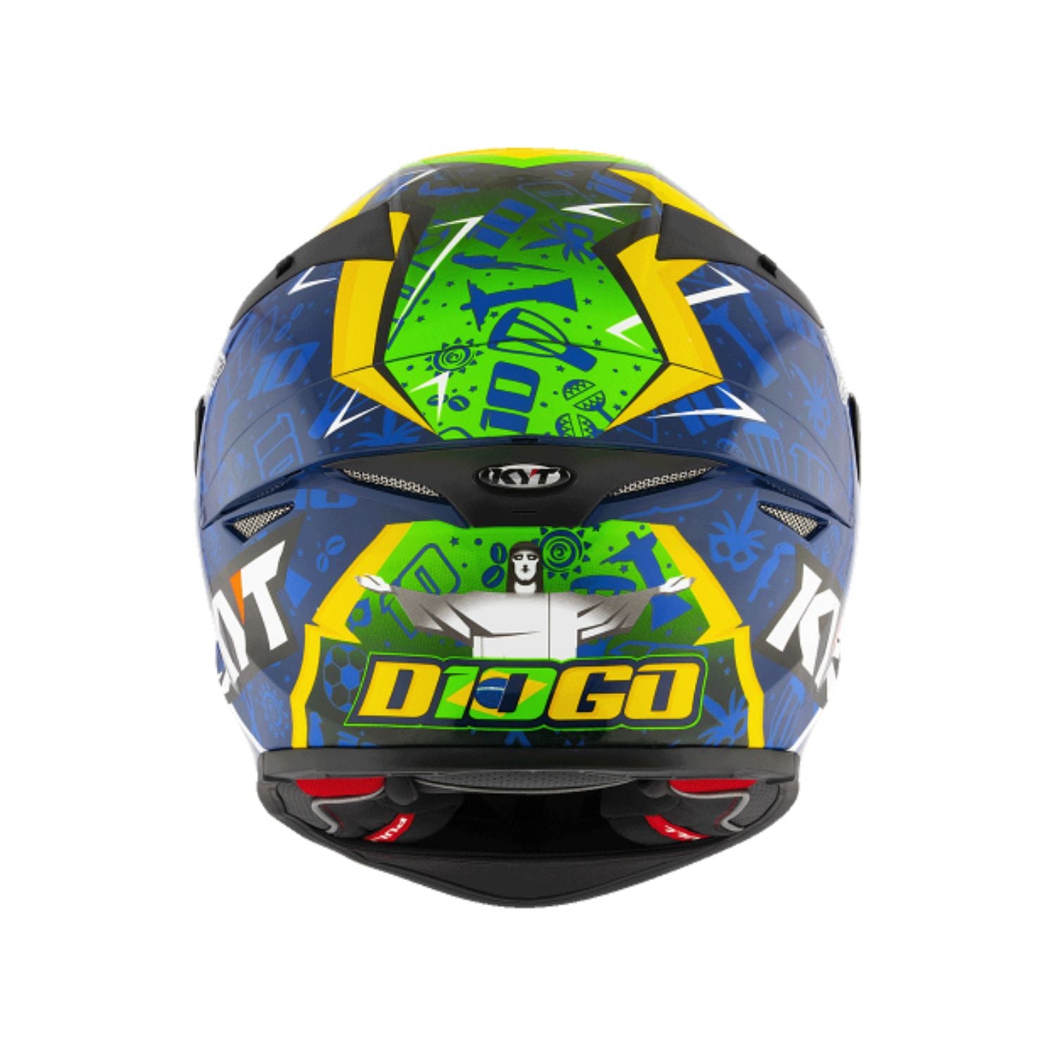 Capacete integral com grafismos “DIGO”, base azul brilhante e painéis amarelos e verdes