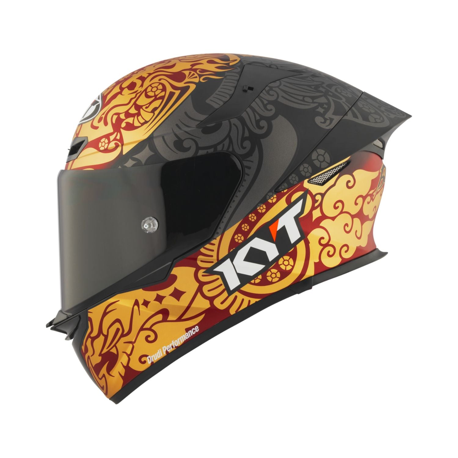 Matt black full-face motorcycle helmet with orange-gold side graphics and logo