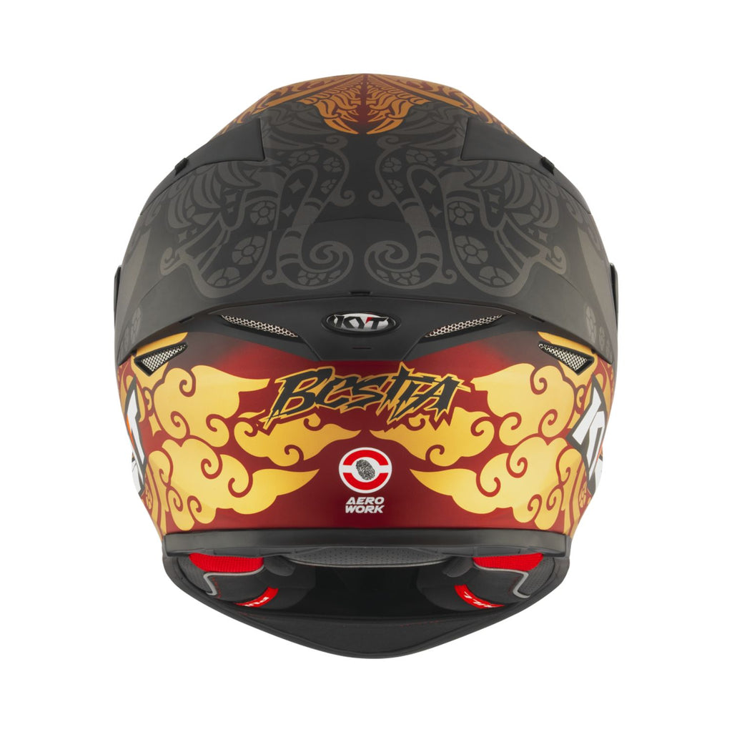 Rear view matt black motorcycle helmet with orange-gold Aero Work graphic and vents