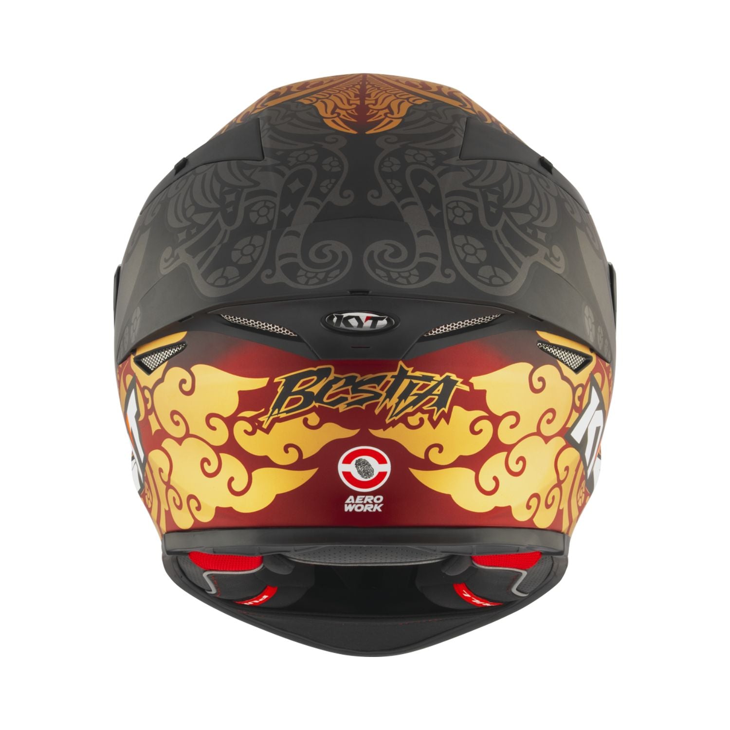Rear view matt black motorcycle helmet with orange-gold Aero Work graphic and vents
