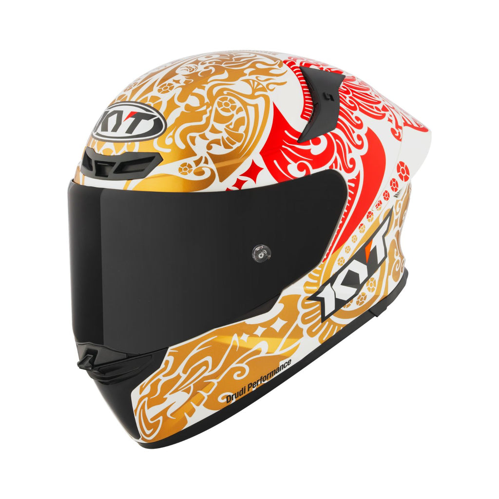 Pearl white KYT helmet with black visor, red and gold graphic side panel, size M