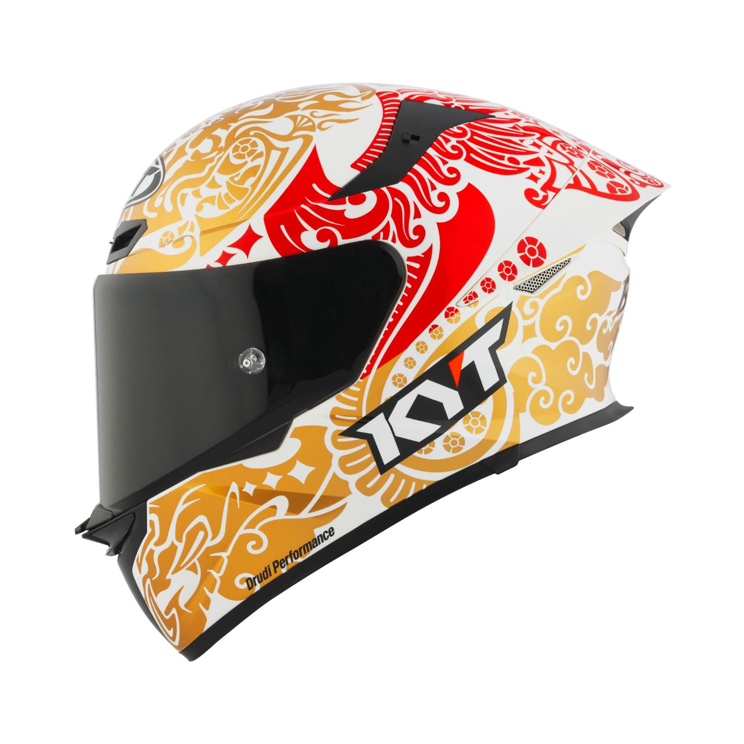 Pearl white full-face helmet, black visor, red and gold ornamental graphics, size M