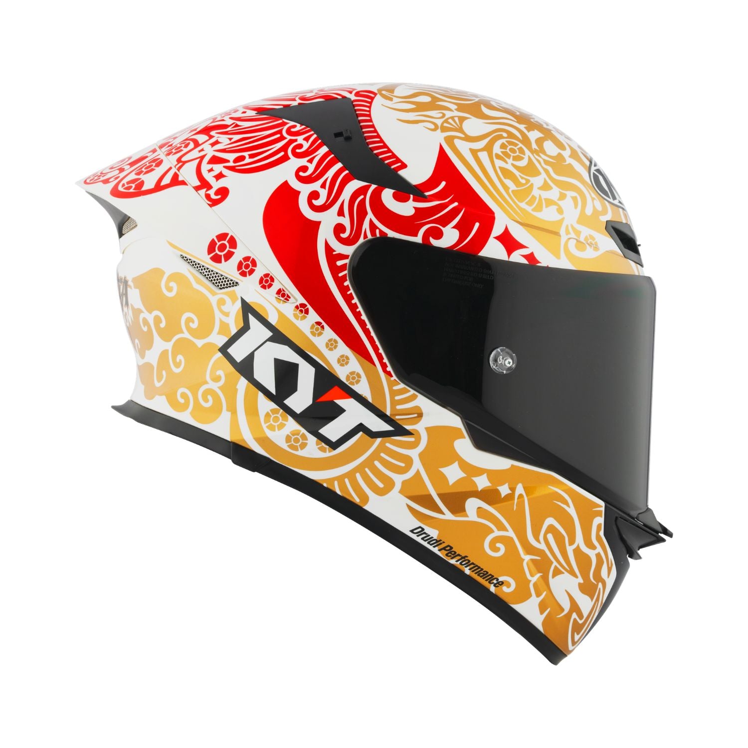 Pearl white full-face helmet with black visor, red and gold pattern, rear 3/4 view, M