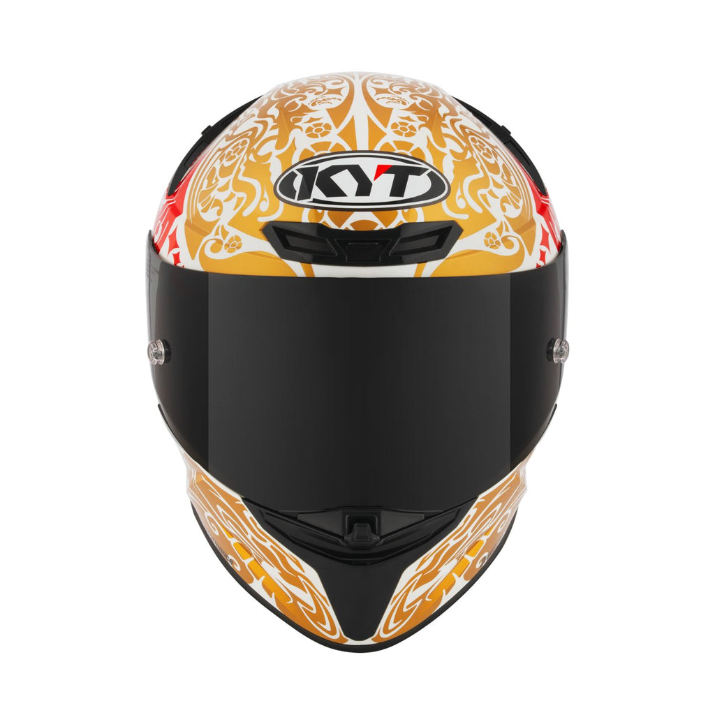 Front view: pearl white full-face helmet with black visor and KYT logo, red and gold pattern
