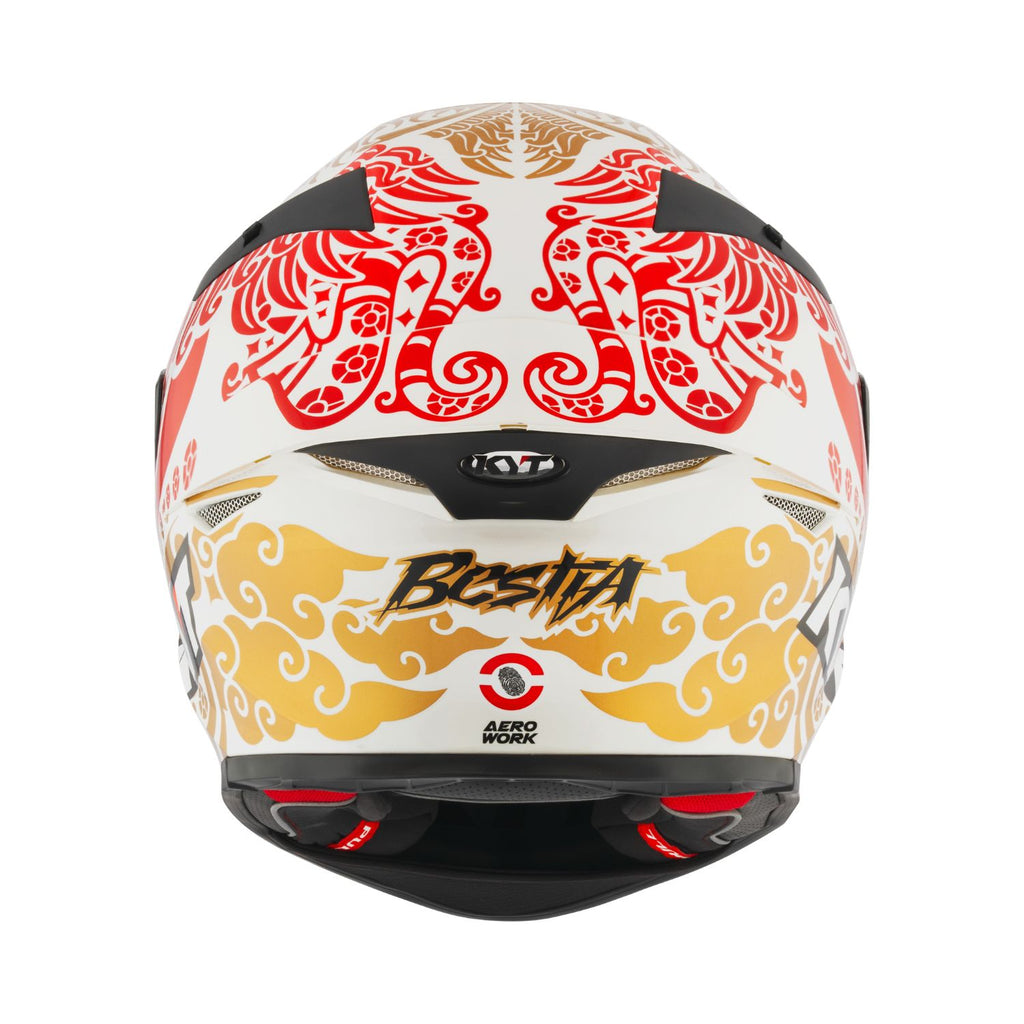 Rear view: pearl white full-face helmet with black shell, red and gold design and vents