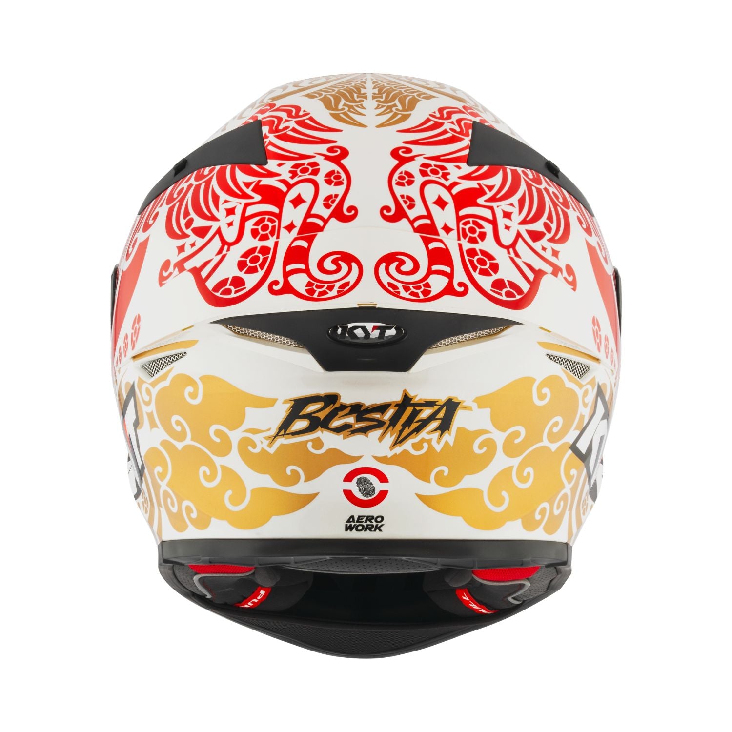 Rear view: pearl white full-face helmet with black shell, red and gold design and vents