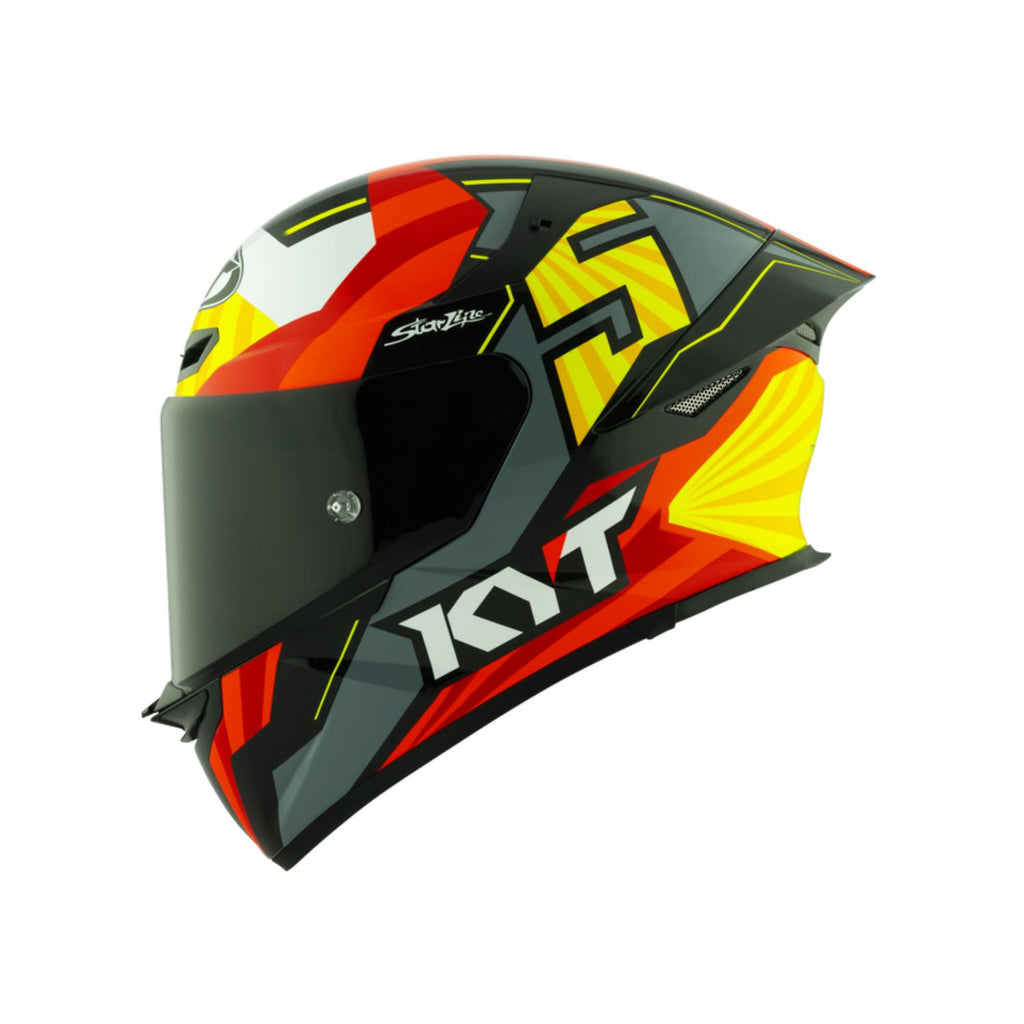 KYT TT Revo Flux Gloss helmet (S), side view, red yellow black graphics, dark visor