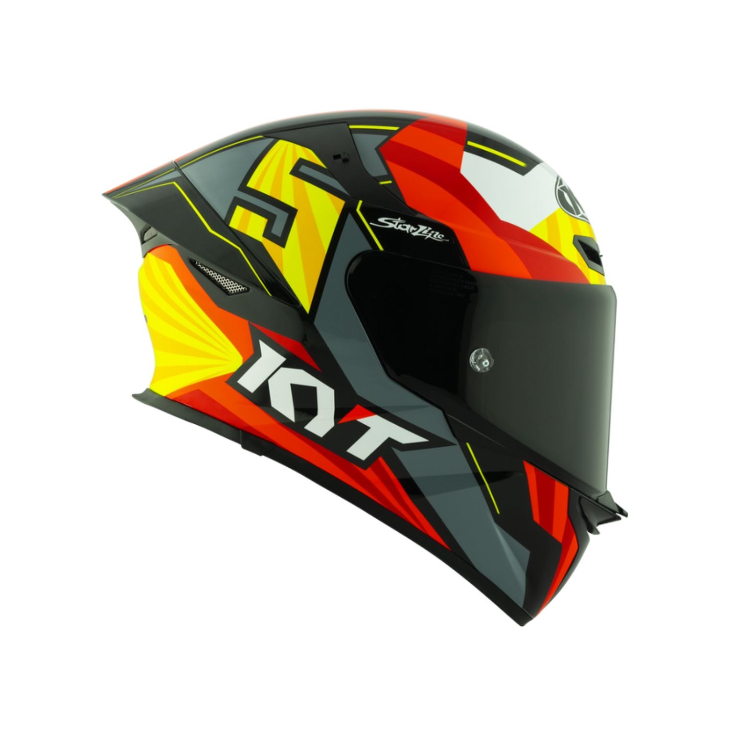KYT TT Revo Flux Gloss helmet (S), front 3/4 view, red yellow black pattern, dark visor