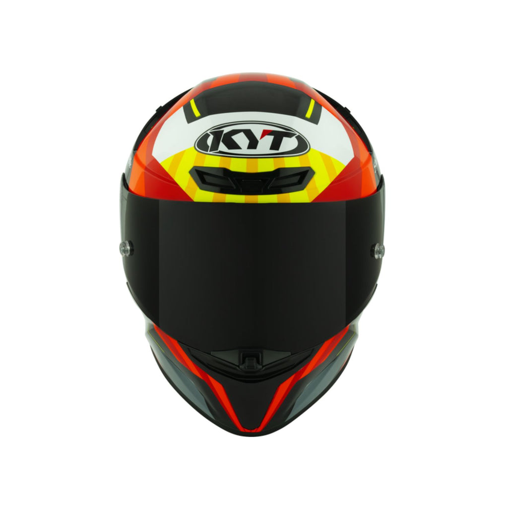 KYT TT Revo Flux Gloss helmet (S), front view, black face shield with red yellow top graphic