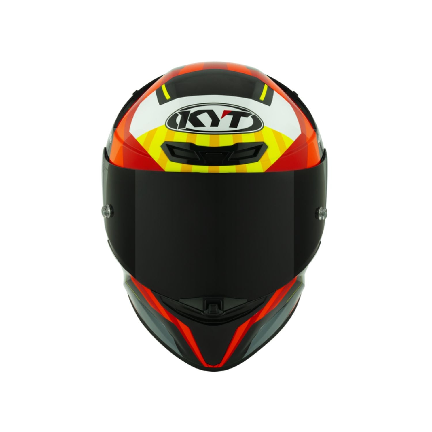 KYT TT Revo Flux Gloss helmet (S), front view, black face shield with red yellow top graphic